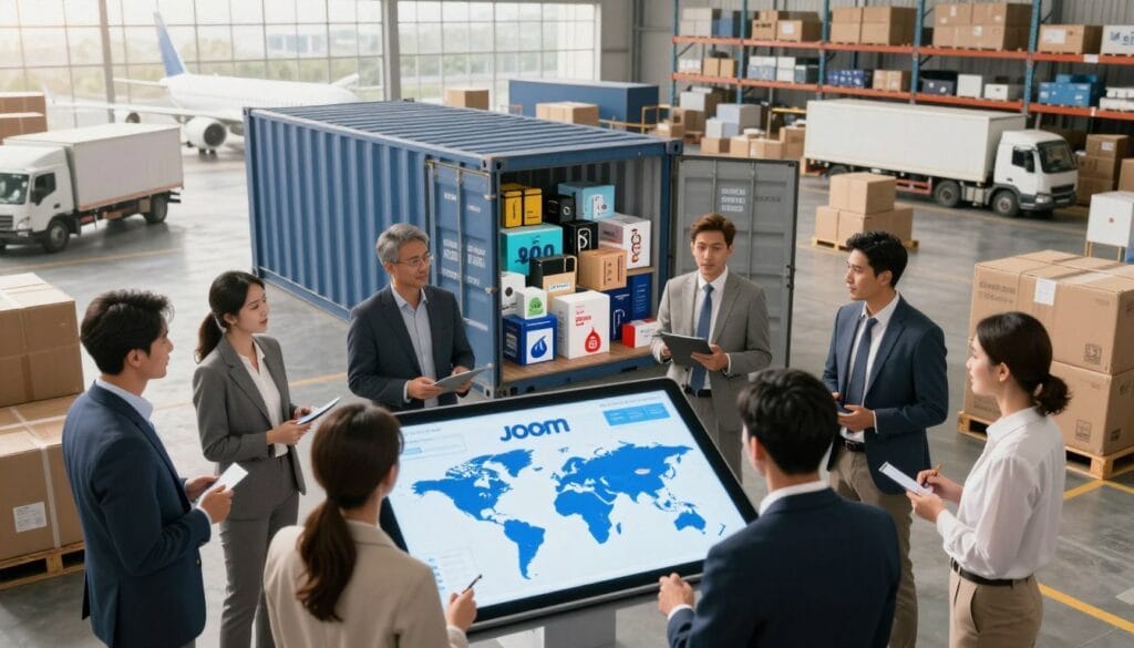 A dynamic logistics scene illustrating Joom's global shipping capabilities. In the foreground, a diverse group of professionals dressed in smart business attire is engaged in a lively discussion around a large digital tablet displaying Joom's global reach. In the middle ground, an open shipping container filled with various products showcases the international nature of e-commerce, with goods ranging from electronics to fashion items. The background features a bustling modern warehouse with shipping trucks and cargo planes, symbolizing efficient logistics. Soft, natural light filters through large windows, creating an inviting atmosphere. The angle is slightly elevated, giving a comprehensive view of the vibrant, collaborative work environment that emphasizes innovation and global connectivity. A dynamic logistics scene illustrating Joom's global shipping capabilities. In the foreground, a diverse group of professionals dressed in smart business attire is engaged in a lively discussion around a large digital tablet displaying Joom's global reach. In the middle ground, an open shipping container filled with various products showcases the international nature of e-commerce, with goods ranging from electronics to fashion items. The background features a bustling modern warehouse with shipping trucks and cargo planes, symbolizing efficient logistics. Soft, natural light filters through large windows, creating an inviting atmosphere. The angle is slightly elevated, giving a comprehensive view of the vibrant, collaborative work environment that emphasizes innovation and global connectivity.