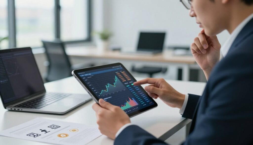 A focused scene depicting a person in a modern office environment, analyzing a digital tablet that displays cryptocurrency graphs and charts. In the foreground, a well-dressed person in business attire, with a thoughtful expression, is carefully reading information on the tablet. The background features a blurred view of a contemporary workspace with large windows letting in soft, natural light, creating a professional atmosphere. Subtle elements like a laptop, paperwork with regulatory symbols, and digital currency icons add context. The overall mood conveys a sense of security, professionalism, and informed decision-making in the realm of cryptocurrency regulations.