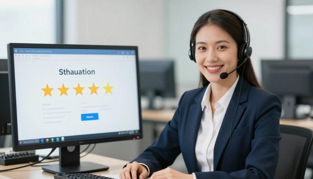 A friendly customer support agent with a headset, smiling at a screen showing a 5-star rating.