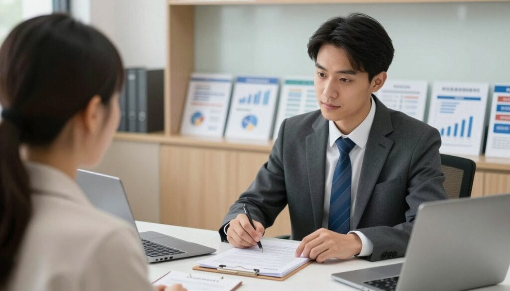 A friendly office environment showing a local financial branch where a consultant is helping a customer with credit options.