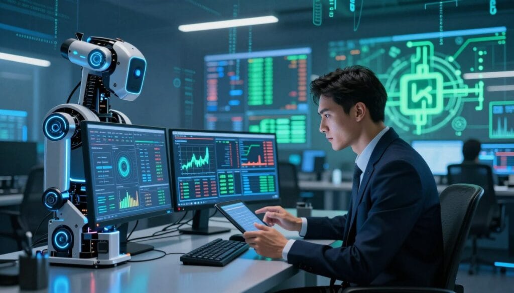 A futuristic trading room filled with sleek computer screens displaying cryptocurrency charts and trading algorithms. In the foreground, a high-tech trading bot with glowing interfaces is actively analyzing data. In the middle, a professional figure in business attire, focused on the screens, interacts with the bot using a tablet. The atmosphere is vibrant, with blue and green lighting illuminating the room, reflecting the digital nature of trading. The background features abstract representations of blockchain technology, with subtle digital code motifs floating in the air, enhancing the tech-savvy vibe. Shot from a dynamic angle to emphasize the flow and efficiency of the trading process. The overall mood is one of innovation and excitement, showcasing the cutting-edge advancements of AI in trading. A futuristic trading room filled with sleek computer screens displaying cryptocurrency charts and trading algorithms. In the foreground, a high-tech trading bot with glowing interfaces is actively analyzing data. In the middle, a professional figure in business attire, focused on the screens, interacts with the bot using a tablet. The atmosphere is vibrant, with blue and green lighting illuminating the room, reflecting the digital nature of trading. The background features abstract representations of blockchain technology, with subtle digital code motifs floating in the air, enhancing the tech-savvy vibe. Shot from a dynamic angle to emphasize the flow and efficiency of the trading process. The overall mood is one of innovation and excitement, showcasing the cutting-edge advancements of AI in trading.