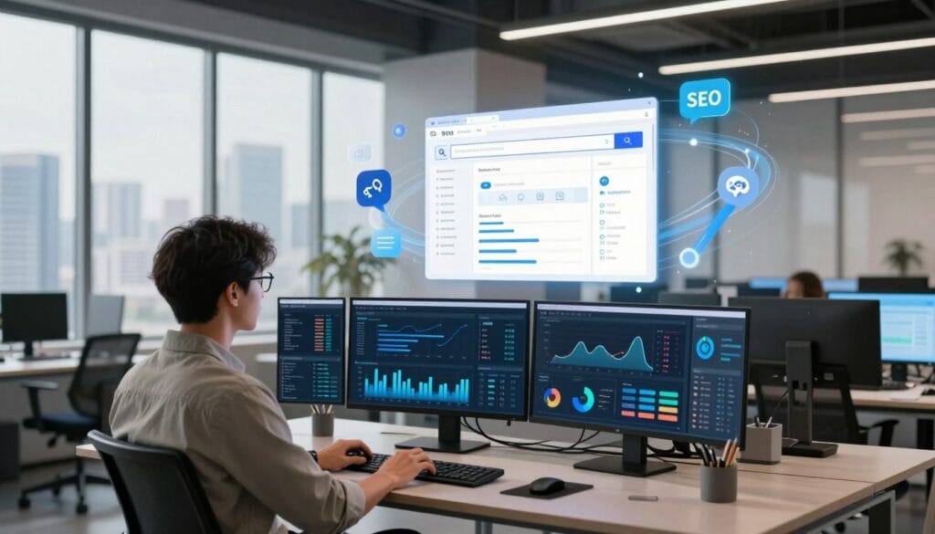 A futuristic workspace filled with advanced SEO tools and technology. In the foreground, a professional in smart casual attire is analyzing data on multiple screens displaying intricate graphs and analytics related to search engine optimization. The middle ground showcases a digital representation of a search engine results page, with visual elements symbolizing keywords, backlinks, and algorithms swirling around. In the background, a sleek modern office with large windows revealing a city skyline, suffused with soft, natural lighting that creates a focused yet innovative atmosphere. The image should convey a sense of strategic mastery and forward-thinking approaches in SEO, emphasizing clarity, professionalism, and technological advancement. A futuristic workspace filled with advanced SEO tools and technology. In the foreground, a professional in smart casual attire is analyzing data on multiple screens displaying intricate graphs and analytics related to search engine optimization. The middle ground showcases a digital representation of a search engine results page, with visual elements symbolizing keywords, backlinks, and algorithms swirling around. In the background, a sleek modern office with large windows revealing a city skyline, suffused with soft, natural lighting that creates a focused yet innovative atmosphere. The image should convey a sense of strategic mastery and forward-thinking approaches in SEO, emphasizing clarity, professionalism, and technological advancement.