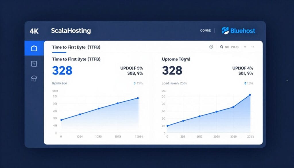 A high-quality 3D comparison graphic between ScalaHosting and Bluehost, showing side-by-side performance metrics like TTFB, uptime percentages, and load handling graphs on a sleek digital dashboard, professional blue and white color scheme, 4k resolution, cinematic lighting. A high-quality 3D comparison graphic between ScalaHosting and Bluehost, showing side-by-side performance metrics like TTFB, uptime percentages, and load handling graphs on a sleek digital dashboard, professional blue and white color scheme, 4k resolution, cinematic lighting.