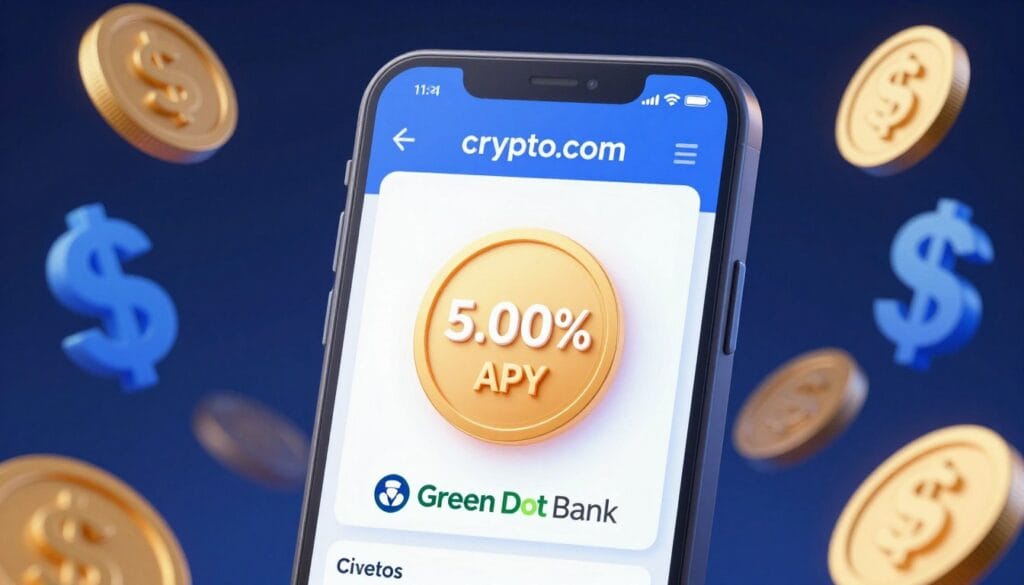 A high-quality 3D digital illustration of a glowing smartphone screen showing a Crypto.com savings dashboard with a large 5.00% APY badge and a Green Dot Bank logo, set against a background of floating digital gold coins and blue dollar signs, professional finance style.