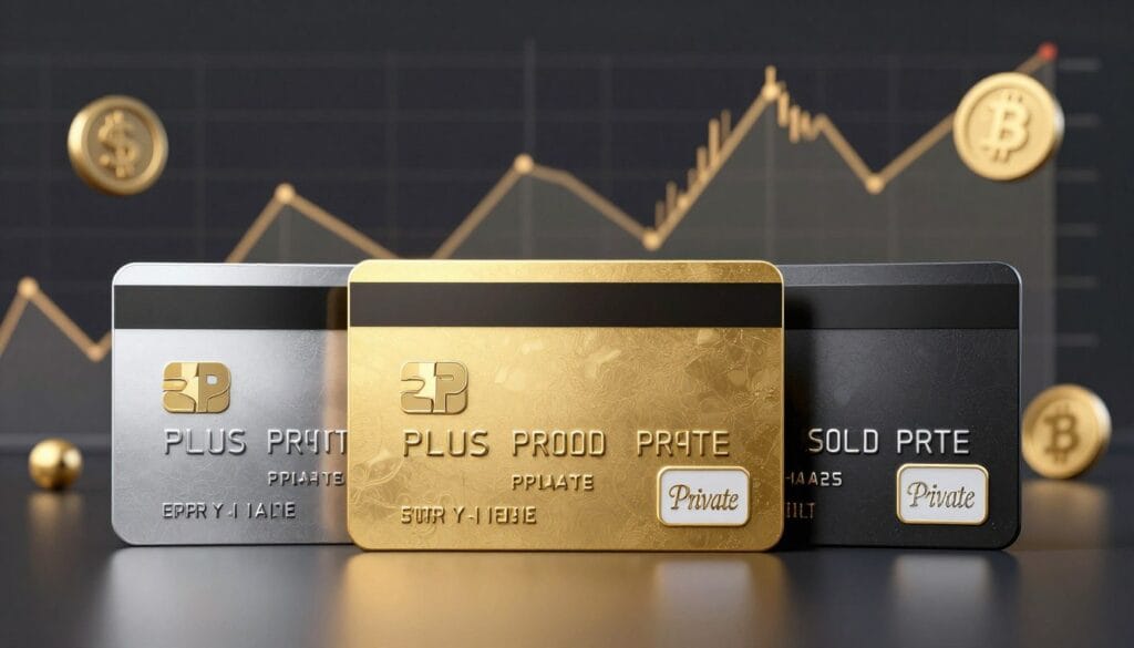 A high-quality 3D digital illustration of three floating premium membership cards—Plus, Pro, and Private—shimmering in silver, gold, and obsidian black against a background of rising financial charts and crypto icons.