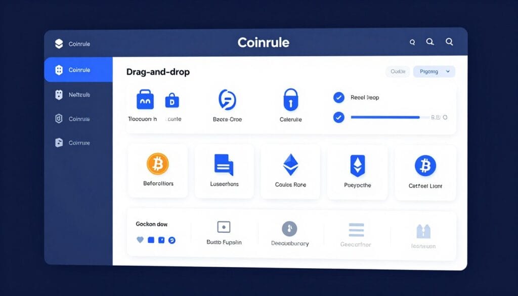 A high-quality 3D render of a secure digital trading dashboard labeled "Coinrule" showing a simple drag-and-drop rule builder, military-grade shields, and various crypto icons like Bitcoin and Ethereum, professional blue and white theme. A high-quality 3D render of a secure digital trading dashboard labeled "Coinrule" showing a simple drag-and-drop rule builder, military-grade shields, and various crypto icons like Bitcoin and Ethereum, professional blue and white theme.