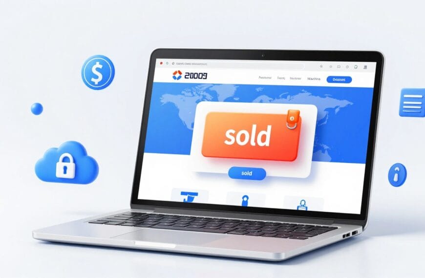 A high-quality digital illustration of a professional laptop displaying a modern e-commerce website with a "sold" notification, surrounded by icons representing global domain registration and secure cloud hosting, in a clean and vibrant corporate style.