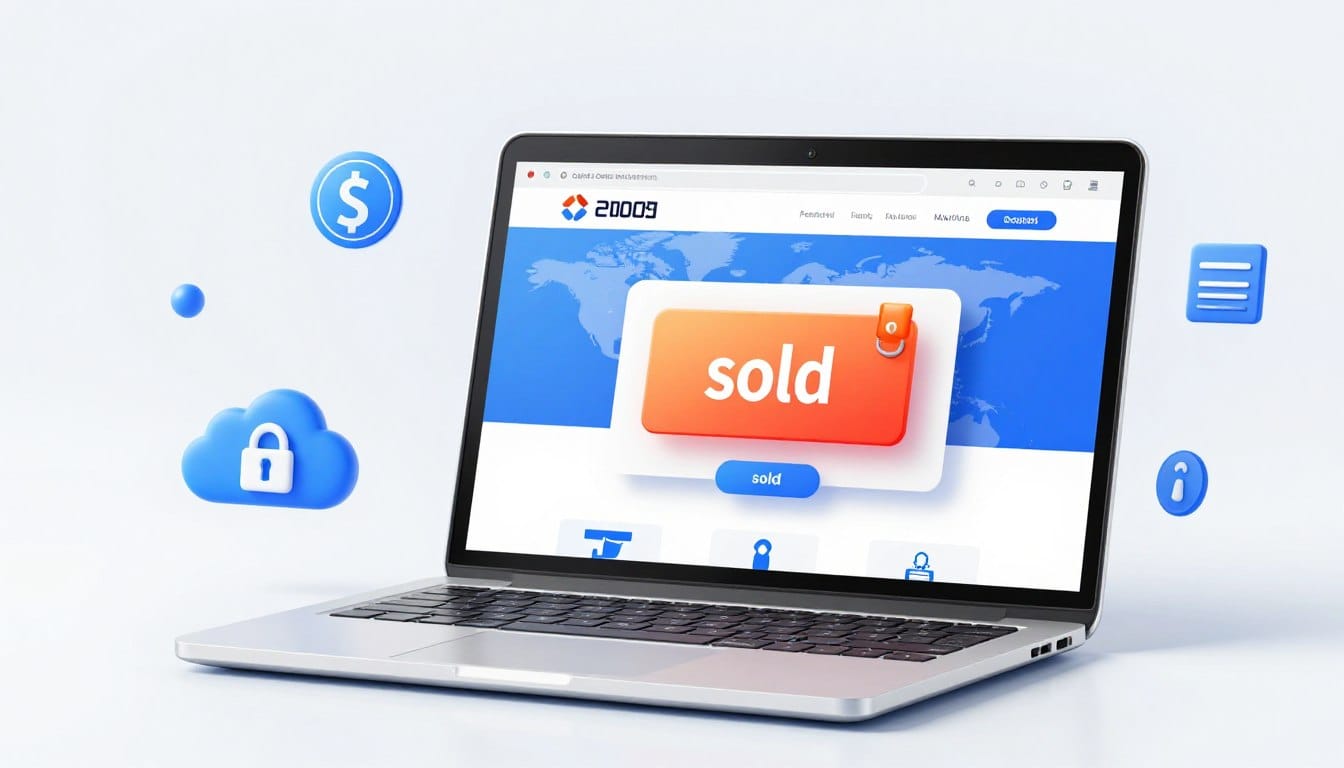 A high-quality digital illustration of a professional laptop displaying a modern e-commerce website with a "sold" notification, surrounded by icons representing global domain registration and secure cloud hosting, in a clean and vibrant corporate style.