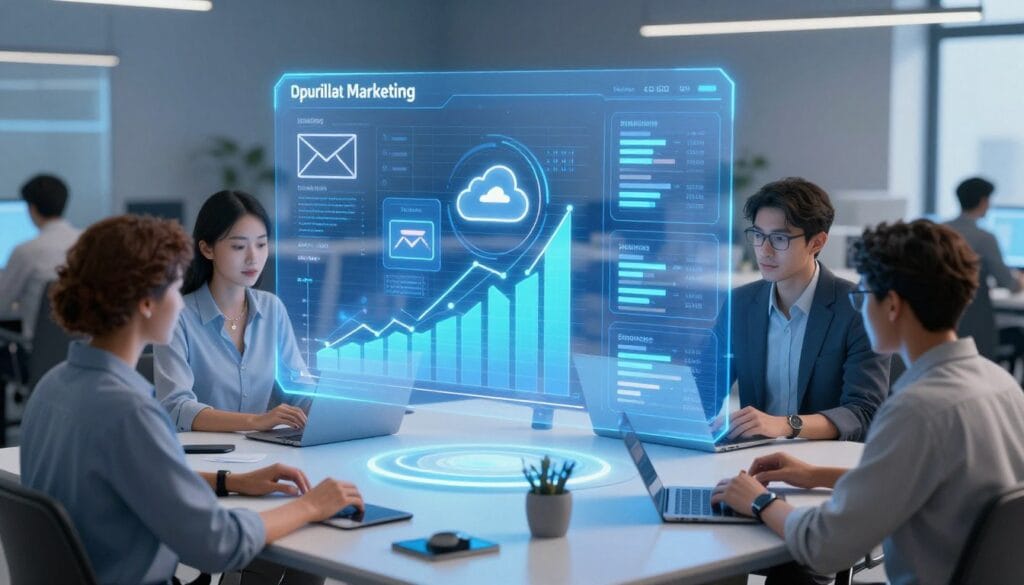 A high-quality, professional 3D render of a digital marketing workspace with a glowing holographic dashboard showing email deliverability charts and cloud integration icons, vibrant blue and white color palette, cinematic lighting. A high-quality, professional 3D render of a digital marketing workspace with a glowing holographic dashboard showing email deliverability charts and cloud integration icons, vibrant blue and white color palette, cinematic lighting.