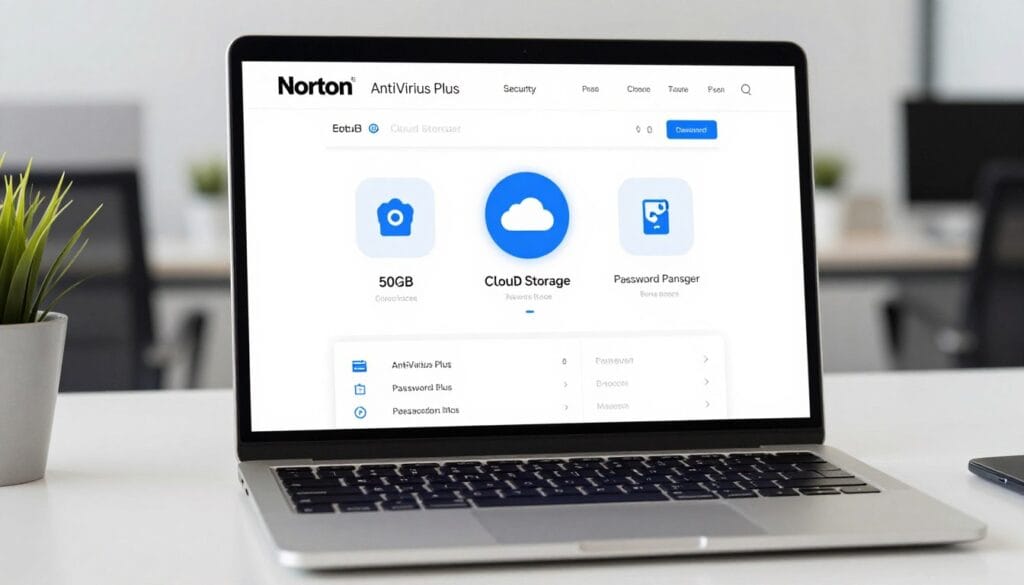 A high-quality realistic photo of a modern laptop screen showing the Norton AntiVirus Plus security dashboard, featuring 50GB cloud storage icons and a password manager interface in a professional office setting. A high-quality realistic photo of a modern laptop screen showing the Norton AntiVirus Plus security dashboard, featuring 50GB cloud storage icons and a password manager interface in a professional office setting.