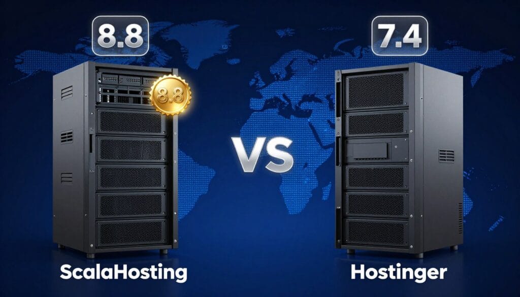 A high-tech comparison infographic showing two server racks, one labeled ScalaHosting with a glowing gold 8.8 badge and the other labeled Hostinger with a silver 7.4 badge, set against a dark blue digital world map background, photorealistic 3D style. A high-tech comparison infographic showing two server racks, one labeled ScalaHosting with a glowing gold 8.8 badge and the other labeled Hostinger with a silver 7.4 badge, set against a dark blue digital world map background, photorealistic 3D style.