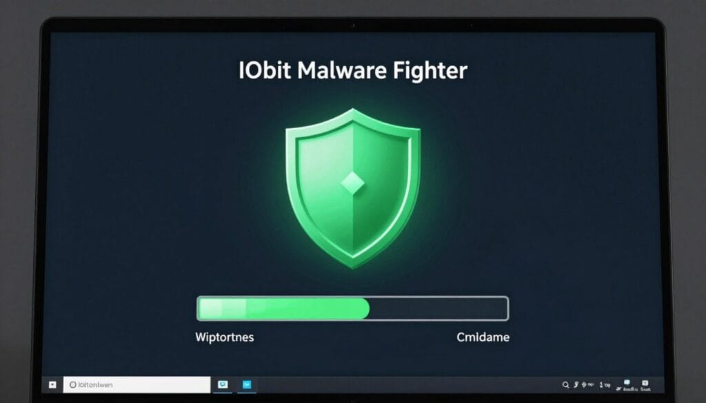 A high-tech digital interface of IObit Malware Fighter on a computer screen, featuring a glowing green shield icon and a scanning progress bar, symbolizing robust protection and malware removal for a Windows PC. A high-tech digital interface of IObit Malware Fighter on a computer screen, featuring a glowing green shield icon and a scanning progress bar, symbolizing robust protection and malware removal for a Windows PC.