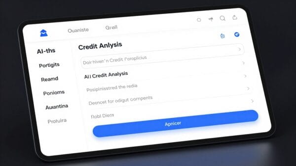 A high-tech digital interface showing AI-driven credit analysis with a clean, modern aesthetic for a personal loan application.
