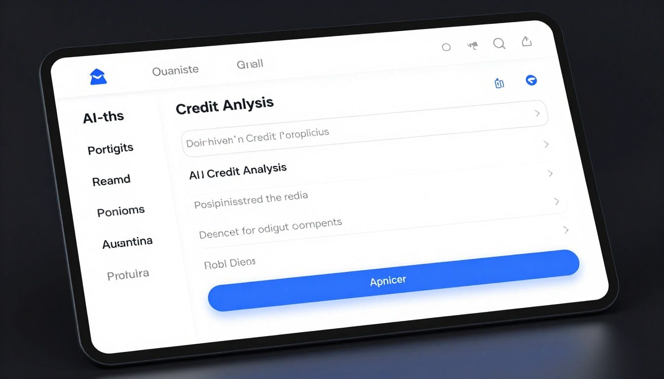 A high-tech digital interface showing AI-driven credit analysis with a clean, modern aesthetic for a personal loan application.