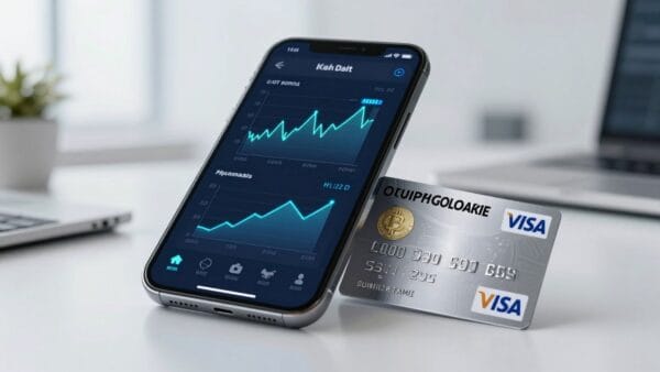 A high-tech digital interface showing a mobile app with glowing cryptocurrency charts and a sleek metal Visa card, representing a modern financial ecosystem with a clean and professional aesthetic.
