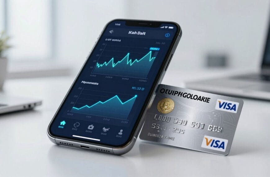 A high-tech digital interface showing a mobile app with glowing cryptocurrency charts and a sleek metal Visa card, representing a modern financial ecosystem with a clean and professional aesthetic.