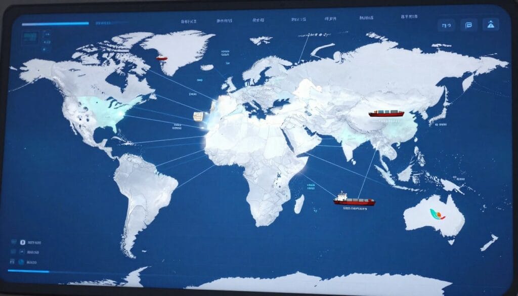 A high-tech digital interface showing global logistics maps, cargo ships, and a network of 130,000 Chinese suppliers connected to business hubs in Brazil and Mexico, 3d render, professional blue and white colors. A high-tech digital interface showing global logistics maps, cargo ships, and a network of 130,000 Chinese suppliers connected to business hubs in Brazil and Mexico, 3d render, professional blue and white colors.