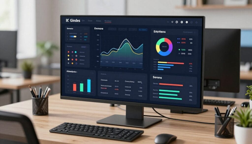 A high-tech digital marketing dashboard showing glowing 3D data visualizations, keyword trends, and AI search performance metrics on a sleek dark interface, professional office background, 4k resolution.