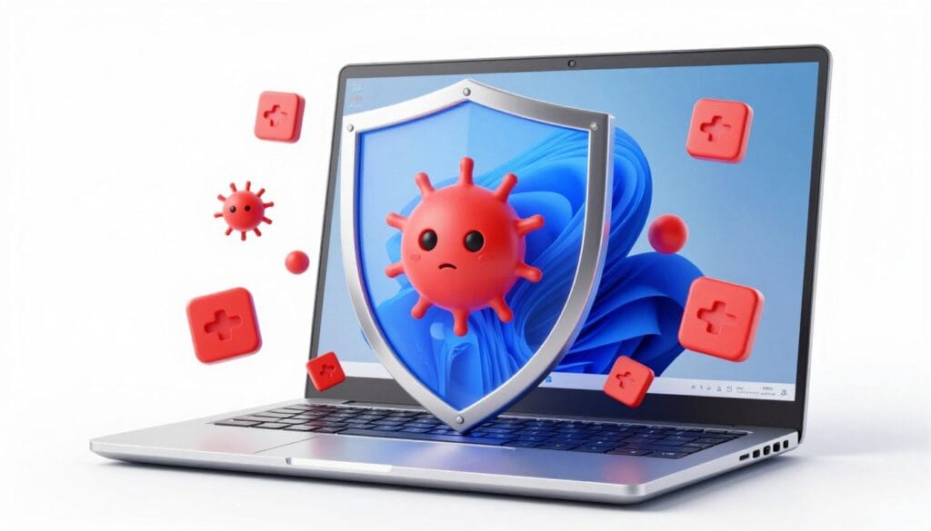 A high-tech digital shield protecting a sleek Windows PC from glowing red malicious icons, professional software interface, futuristic security visualization, clean 3D rendering, white background.