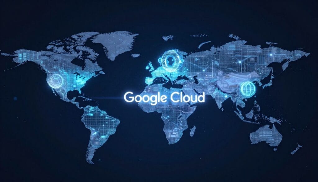 A high-tech digital visualization of Google Cloud infrastructure with glowing data nodes across a world map, representing premium managed WordPress services.
