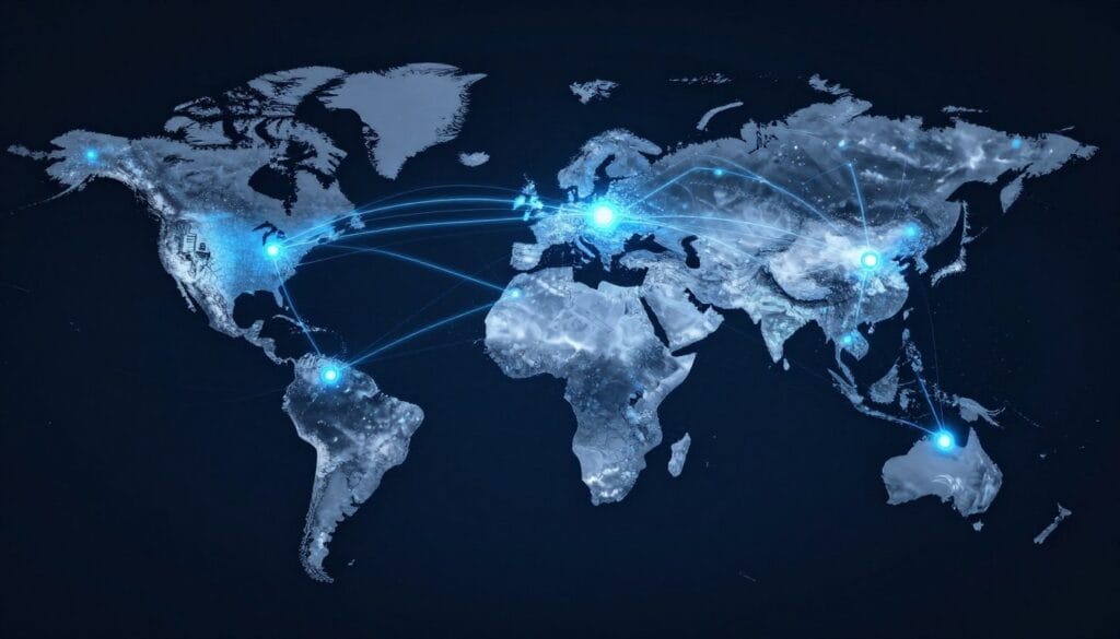 A high-tech digital visualization of a global cloud network with glowing blue server nodes and fast data connections spread across a world map, representing scalability and high performance. A high-tech digital visualization of a global cloud network with glowing blue server nodes and fast data connections spread across a world map, representing scalability and high performance.