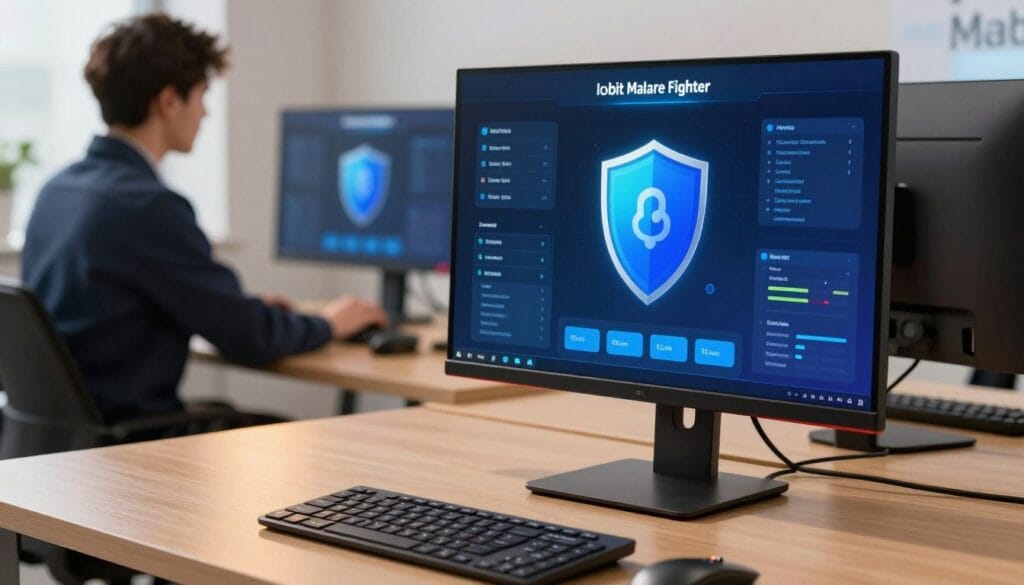 A high-tech digital workspace showcasing the IObit Malware Fighter interface on a sleek computer monitor. In the foreground, focus on the monitor displaying vibrant graphics of the malware protection interface, featuring real-time data and security shields. The middle layer includes an elegantly arranged desk with a modern keyboard and mouse, soft LED lighting casting a warm glow across the setup. In the background, a blurred action shot of a person in professional attire analyzing the screen, embodying a sense of security and focus. The atmosphere is dynamic and engaged, with an emphasis on cutting-edge technology. The lighting is bright yet soft, ensuring clarity without harsh shadows, shot from a slightly elevated angle to create depth. A high-tech digital workspace showcasing the IObit Malware Fighter interface on a sleek computer monitor. In the foreground, focus on the monitor displaying vibrant graphics of the malware protection interface, featuring real-time data and security shields. The middle layer includes an elegantly arranged desk with a modern keyboard and mouse, soft LED lighting casting a warm glow across the setup. In the background, a blurred action shot of a person in professional attire analyzing the screen, embodying a sense of security and focus. The atmosphere is dynamic and engaged, with an emphasis on cutting-edge technology. The lighting is bright yet soft, ensuring clarity without harsh shadows, shot from a slightly elevated angle to create depth.