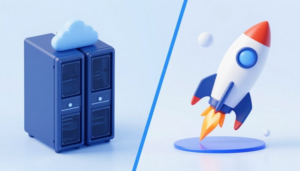 A high-tech split-screen comparison graphic showing a sleek blue cloud server on one side and a fast-moving rocket with a dollar sign on the other, representing the speed and cost-efficiency of modern web hosting services. A high-tech split-screen comparison graphic showing a sleek blue cloud server on one side and a fast-moving rocket with a dollar sign on the other, representing the speed and cost-efficiency of modern web hosting services.