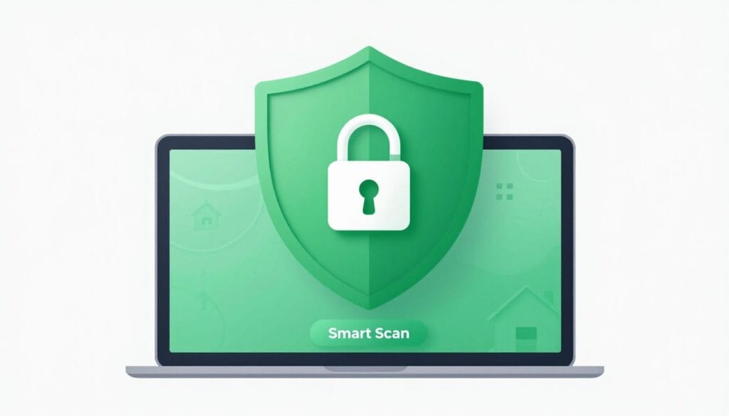 A minimalist digital illustration of a green security shield protecting a home network, with a VPN lock icon and a "Smart Scan" button visible on a tablet screen. A minimalist digital illustration of a green security shield protecting a home network, with a VPN lock icon and a "Smart Scan" button visible on a tablet screen.