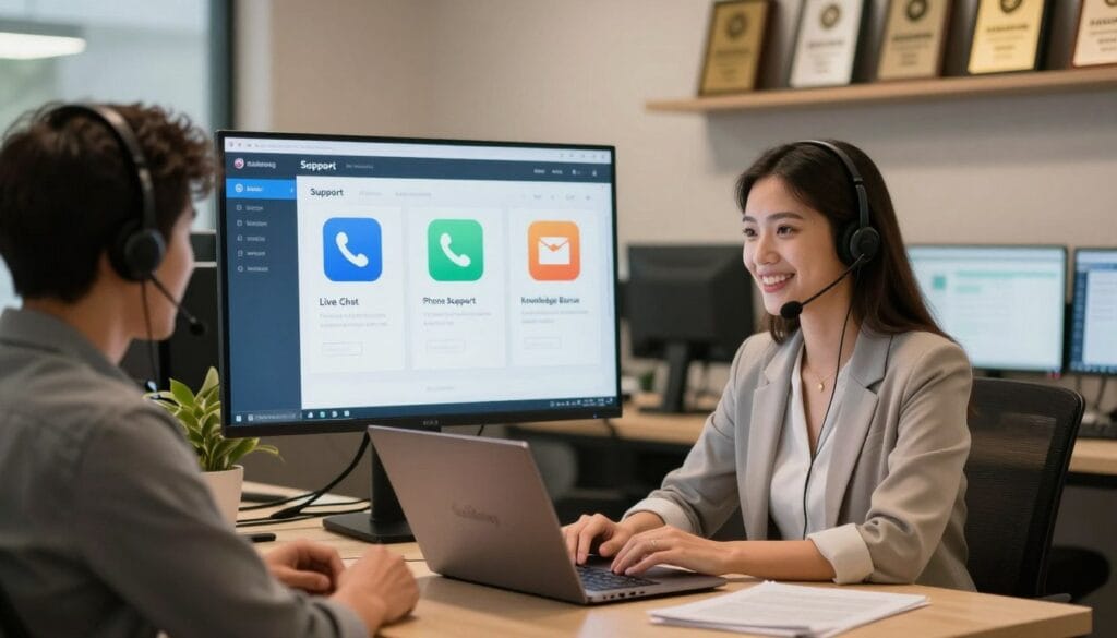 A modern customer support center for ScalaHosting, depicting a welcoming environment. In the foreground, a friendly support agent, a woman in business casual attire, is engaging with a customer via a headset. She has a laptop with ScalaHosting branding on the desk. In the middle, a large digital display shows support options like live chat, phone support, and an extensive knowledge base. The background features shelves with awards for customer service excellence, creating a professional atmosphere. Soft, warm lighting highlights the support area, creating an inviting and accessible mood. The scene is captured from a slight angle, providing depth while ensuring the focus remains on the interaction between the support agent and the customer. A modern customer support center for ScalaHosting, depicting a welcoming environment. In the foreground, a friendly support agent, a woman in business casual attire, is engaging with a customer via a headset. She has a laptop with ScalaHosting branding on the desk. In the middle, a large digital display shows support options like live chat, phone support, and an extensive knowledge base. The background features shelves with awards for customer service excellence, creating a professional atmosphere. Soft, warm lighting highlights the support area, creating an inviting and accessible mood. The scene is captured from a slight angle, providing depth while ensuring the focus remains on the interaction between the support agent and the customer.