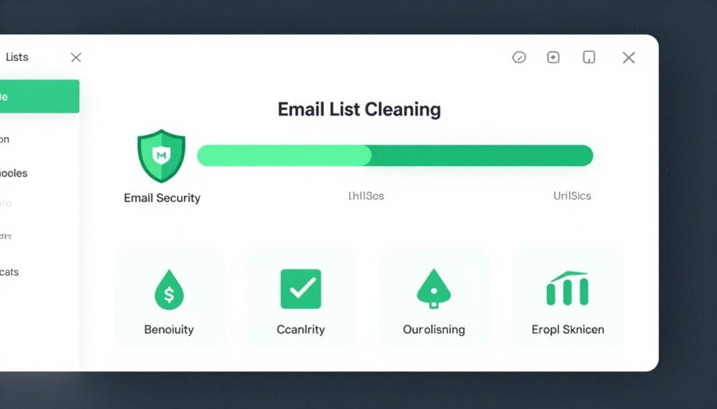 A modern digital dashboard displaying a 3-step security progress bar for email list cleaning, featuring green shields and data hygiene icons.