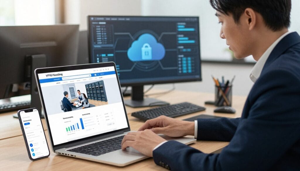 A modern e-commerce environment showcasing the benefits of VPS hosting. In the foreground, a sleek laptop displays a visually appealing online store interface. Beside it, a smartphone shows analytics and real-time performance metrics. The middle layer features a professional individual in smart business attire, analyzing data on the laptop, with a thoughtful expression. In the background, blurred office elements suggest a tech-savvy workspace, including servers and cloud diagrams, representing security and speed. Soft, natural lighting creates a warm yet professional atmosphere, highlighting the importance of reliability in e-commerce. The camera angle is slightly elevated, giving a dynamic perspective of the scene. A modern e-commerce environment showcasing the benefits of VPS hosting. In the foreground, a sleek laptop displays a visually appealing online store interface. Beside it, a smartphone shows analytics and real-time performance metrics. The middle layer features a professional individual in smart business attire, analyzing data on the laptop, with a thoughtful expression. In the background, blurred office elements suggest a tech-savvy workspace, including servers and cloud diagrams, representing security and speed. Soft, natural lighting creates a warm yet professional atmosphere, highlighting the importance of reliability in e-commerce. The camera angle is slightly elevated, giving a dynamic perspective of the scene.