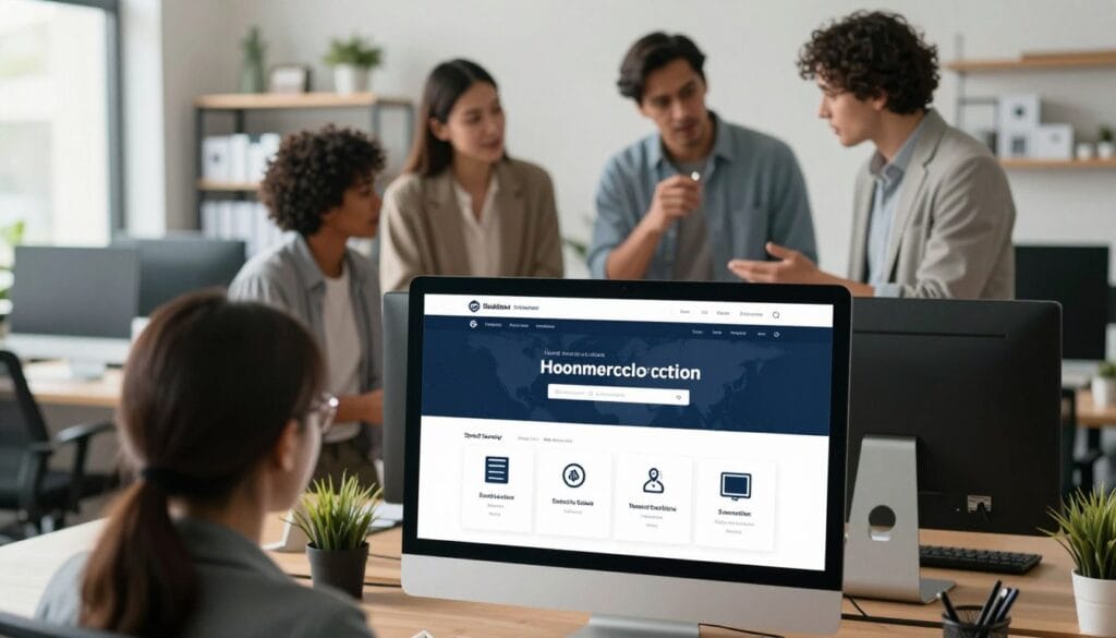 A modern e-commerce store interface displayed on a sleek computer screen in the foreground, showcasing various hosting features such as speed, security, and scalability. The middle layer features a diverse group of four professionals in modest, professional business attire, engaged in discussion and analysis, emphasizing collaboration and strategic planning for their online store. In the background, a stylish, well-lit office environment with shelves of products and digital marketing tools creates an atmosphere of productivity and innovation. Soft, natural lighting illuminates the scene, with a slightly blurred background to draw focus to the e-commerce interface and the engaged professionals. The overall mood conveys a sense of excitement and possibility in the realm of e-commerce hosting solutions.