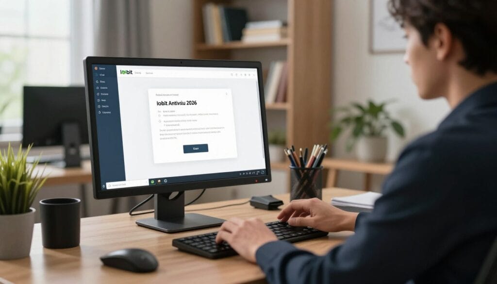 A modern home office scene featuring a desktop PC with an active IObit Antivirus 2026 interface prominently displayed on the screen. In the foreground, a focused individual dressed in professional business attire, seated at the desk, is interacting with the software, illustrating the enabling of real-time virus protection. The middle ground shows a sleek, well-organized workspace with tech gadgets and a potted plant, while the background is softly blurred, containing shelves filled with books and a window letting in soft, natural light, creating a warm and productive atmosphere. The overall mood is focused, ensuring an ambiance of cybersecurity efficiency and modern technology. The image is well-lit, emphasizing clarity and professionalism, with a slight depth of field effect to enhance the subject. A modern home office scene featuring a desktop PC with an active IObit Antivirus 2026 interface prominently displayed on the screen. In the foreground, a focused individual dressed in professional business attire, seated at the desk, is interacting with the software, illustrating the enabling of real-time virus protection. The middle ground shows a sleek, well-organized workspace with tech gadgets and a potted plant, while the background is softly blurred, containing shelves filled with books and a window letting in soft, natural light, creating a warm and productive atmosphere. The overall mood is focused, ensuring an ambiance of cybersecurity efficiency and modern technology. The image is well-lit, emphasizing clarity and professionalism, with a slight depth of field effect to enhance the subject.