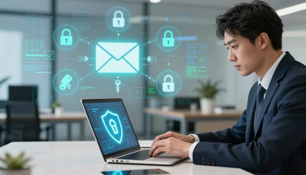 A modern office setting illustrating email security and domain authentication. In the foreground, a professional in business attire is focused on a laptop displaying a shield icon symbolizing protection against cyber threats. The middle ground reveals an infographic-style representation of email verification processes, with digital locks and keys integrated into the design, emphasizing security methods. The background features abstract representations of data streams and networks, blending cool blue and green hues to convey a sense of technology and trust. Soft, even lighting enhances clarity, while a slight depth of field focuses on the foreground elements. The overall mood is serious and reassuring, reinforcing the importance of advanced cybersecurity practices in email marketing.