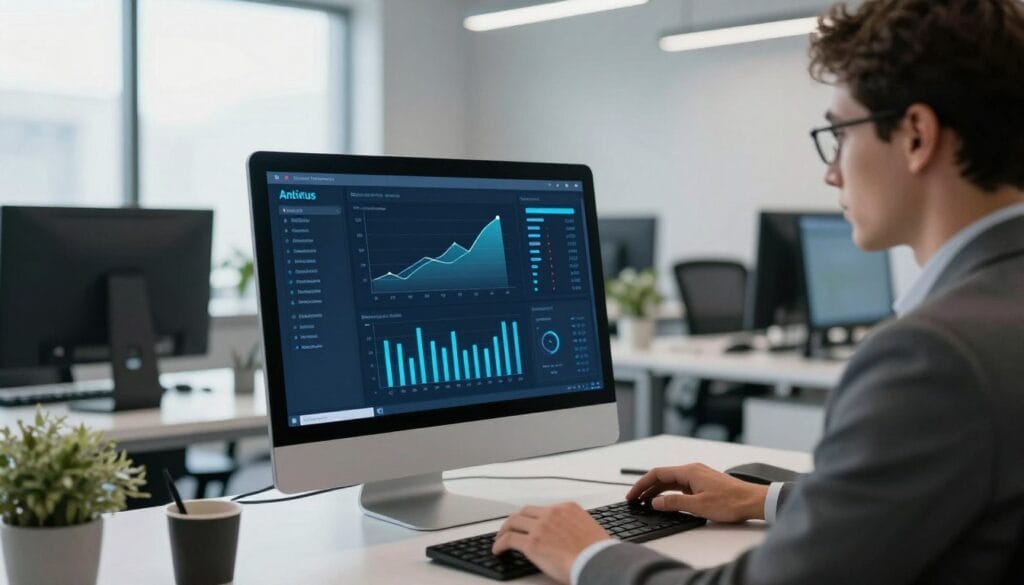 A modern office workspace showing a computer screen displaying antivirus software interface with sleek graphs and statistics, symbolizing performance metrics. In the foreground, a professional in business attire is focused on the screen, analyzing the data. The background features a spacious office with soft lighting, large windows letting in natural light, and minimalistic decor, creating a productive atmosphere. The color palette should be cool tones, emphasizing technology and efficiency. The camera angle should be slightly elevated to provide a clear view of both the computer screen and the individual’s engaged expression, conveying a sense of balance between security and system performance.