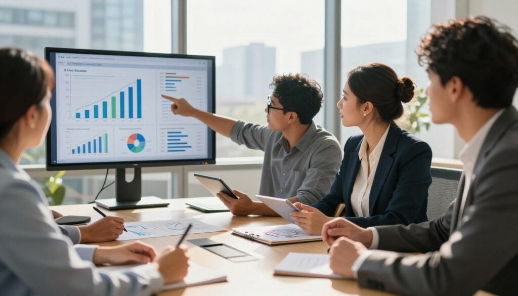 A modern, sleek office environment showcases a diverse group of professionals engaged in a dynamic brainstorming session around a large conference table. In the foreground, a woman in a tailored suit points towards a digital screen displaying graphs and analytics related to scaling revenue. In the middle, a man with glasses analyzes data on a tablet, while another colleague sketches ideas on a notepad. The background features large windows with a cityscape view, bathed in natural sunlight that creates a vibrant atmosphere. The lighting is warm, emphasizing collaboration and innovation. A soft-focus lens effect blurs the edges slightly, drawing attention to the engaging interactions. The overall mood is energetic, focused, and inspiring, highlighting a strategic approach to revenue growth. A modern, sleek office environment showcases a diverse group of professionals engaged in a dynamic brainstorming session around a large conference table. In the foreground, a woman in a tailored suit points towards a digital screen displaying graphs and analytics related to scaling revenue. In the middle, a man with glasses analyzes data on a tablet, while another colleague sketches ideas on a notepad. The background features large windows with a cityscape view, bathed in natural sunlight that creates a vibrant atmosphere. The lighting is warm, emphasizing collaboration and innovation. A soft-focus lens effect blurs the edges slightly, drawing attention to the engaging interactions. The overall mood is energetic, focused, and inspiring, highlighting a strategic approach to revenue growth.