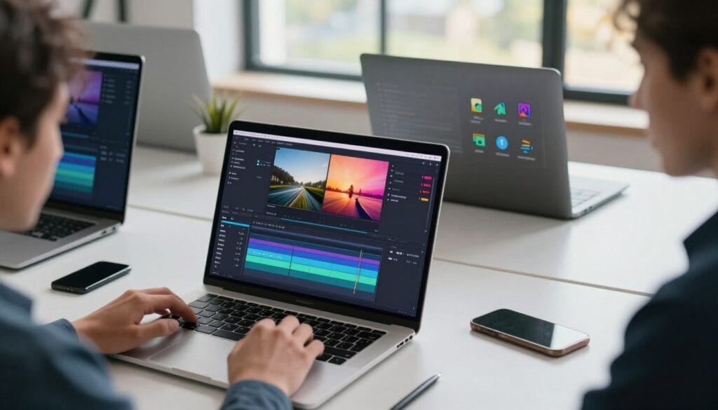 A modern, sleek workspace filled with high-tech devices demonstrating CapCut's automation features. In the foreground, a laptop screen displays vibrant video editing features in action, showcasing a timeline of effortlessly arranged clips. A person in professional attire sits at the desk, focused and engaged, utilizing CapCut's tools to maximize efficiency. The middle scene captures a bright and organized workspace with digital elements like charts and icons representing automation. In the background, large windows reveal a sunny day, casting natural light that enhances the atmosphere of productivity and creativity. The overall mood is inspiring and dynamic, emphasizing innovation and mastery in video editing. The angle is slightly overhead, providing a clear view of both the screen and the workspace environment. A modern, sleek workspace filled with high-tech devices demonstrating CapCut's automation features. In the foreground, a laptop screen displays vibrant video editing features in action, showcasing a timeline of effortlessly arranged clips. A person in professional attire sits at the desk, focused and engaged, utilizing CapCut's tools to maximize efficiency. The middle scene captures a bright and organized workspace with digital elements like charts and icons representing automation. In the background, large windows reveal a sunny day, casting natural light that enhances the atmosphere of productivity and creativity. The overall mood is inspiring and dynamic, emphasizing innovation and mastery in video editing. The angle is slightly overhead, providing a clear view of both the screen and the workspace environment.