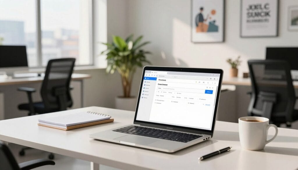A modern small business office setup, focusing on a professional email and communication tools. In the foreground, a sleek, minimalist desk features a high-quality laptop open to an email client interface, with neatly organized stationery and a stylish coffee mug. The middle ground shows ergonomic office furniture and a potted plant, adding a touch of greenery. The background reveals a bright, well-lit room with large windows, offering a view of a cityscape, and decorated with motivational art. Soft, natural light from the windows casts gentle shadows, creating a warm and inviting atmosphere. The overall mood conveys professionalism and efficiency, ideal for a dynamic business environment. The scene is polished and contemporary, perfect for illustrating effective business communication. A modern small business office setup, focusing on a professional email and communication tools. In the foreground, a sleek, minimalist desk features a high-quality laptop open to an email client interface, with neatly organized stationery and a stylish coffee mug. The middle ground shows ergonomic office furniture and a potted plant, adding a touch of greenery. The background reveals a bright, well-lit room with large windows, offering a view of a cityscape, and decorated with motivational art. Soft, natural light from the windows casts gentle shadows, creating a warm and inviting atmosphere. The overall mood conveys professionalism and efficiency, ideal for a dynamic business environment. The scene is polished and contemporary, perfect for illustrating effective business communication.