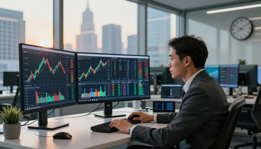 A modern trading office with multiple screens displaying advanced futures trading charts and crypto assets. In the foreground, a focused professional in business attire diligently reviews market trends on a large screen, analyzing candlestick patterns and indicators. The middle ground features a sleek workspace with various trading tools and a digital clock showing real-time market hours. In the background, large windows reveal a city skyline, bathed in warm afternoon light, adding a sense of dynamism. The overall atmosphere is energetic and sophisticated, embodying a professional trading environment. Soft reflections on the glass surfaces enhance the contemporary feel, while a subtle depth of field draws attention to the trader’s concentrated expression. A modern trading office with multiple screens displaying advanced futures trading charts and crypto assets. In the foreground, a focused professional in business attire diligently reviews market trends on a large screen, analyzing candlestick patterns and indicators. The middle ground features a sleek workspace with various trading tools and a digital clock showing real-time market hours. In the background, large windows reveal a city skyline, bathed in warm afternoon light, adding a sense of dynamism. The overall atmosphere is energetic and sophisticated, embodying a professional trading environment. Soft reflections on the glass surfaces enhance the contemporary feel, while a subtle depth of field draws attention to the trader’s concentrated expression.