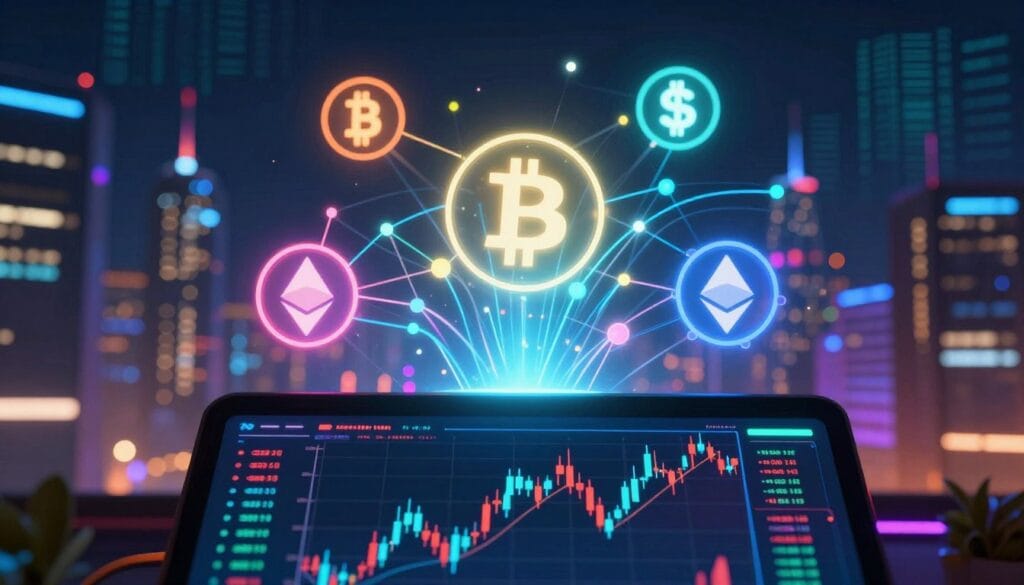 A modern, visually striking composition illustrating various cryptocurrency trading pairs such as Bitcoin, Ethereum, and Litecoin, presented in vibrant, glowing nodes connected by dynamic digital lines. In the foreground, a sleek digital trading interface displays fluctuating graphs and candlestick charts, emphasizing the volatility and activity of the market. The middle ground showcases currency symbols floating in a three-dimensional space, surrounded by a futuristic city skyline with a night sky filled with colorful neon lights. The background features abstract data patterns, representing the digital landscape of blockchain technology. Soft, ambient lighting bathes the scene, creating a high-tech atmosphere, while a slight lens flare adds depth and focus to the trading interface. The overall mood conveys excitement and innovation in the cryptocurrency world.
