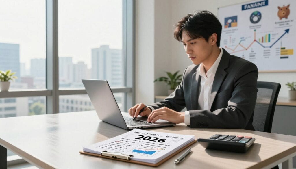 A modern workspace scene depicting a professional in business attire, sitting at a sleek desk with a laptop open, focused on setting financial goals for 2026. In the foreground, display a notepad filled with handwritten notes, charts, and graphs illustrating smart financial strategies, along with a calculator. In the middle ground, a large window reveals a bright cityscape, symbolizing opportunity and growth, while natural sunlight pours in, creating a warm and inviting atmosphere. The background features a motivational vision board with images of savings, investments, and financial milestones. The overall mood should feel optimistic and proactive, emphasizing clarity and foresight in planning for a successful financial future. A modern workspace scene depicting a professional in business attire, sitting at a sleek desk with a laptop open, focused on setting financial goals for 2026. In the foreground, display a notepad filled with handwritten notes, charts, and graphs illustrating smart financial strategies, along with a calculator. In the middle ground, a large window reveals a bright cityscape, symbolizing opportunity and growth, while natural sunlight pours in, creating a warm and inviting atmosphere. The background features a motivational vision board with images of savings, investments, and financial milestones. The overall mood should feel optimistic and proactive, emphasizing clarity and foresight in planning for a successful financial future.