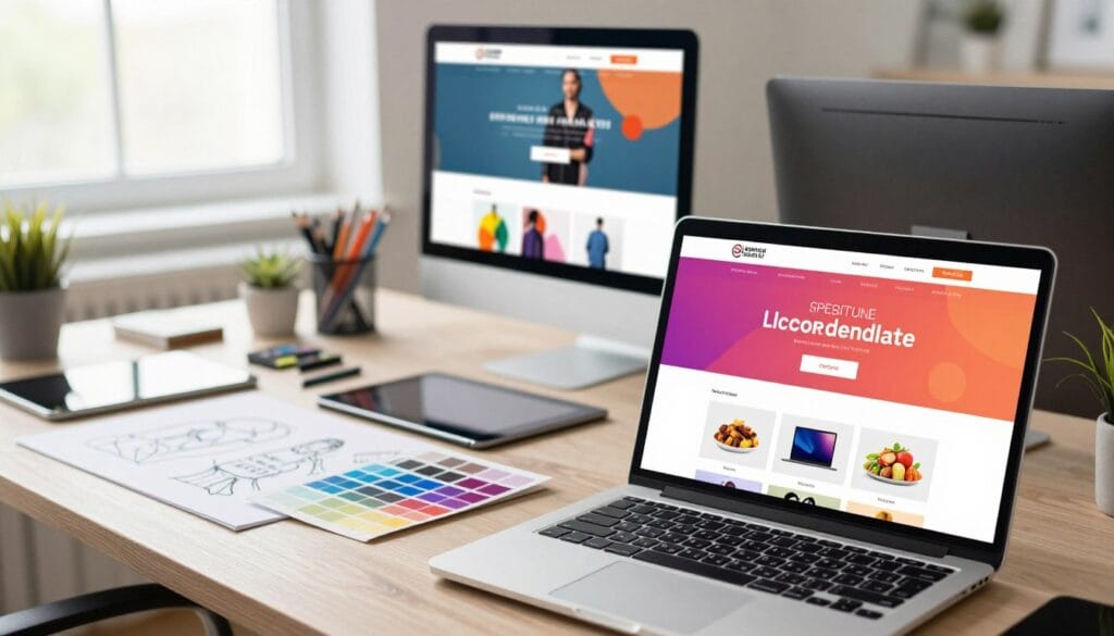 A modern workspace showcasing a variety of vibrant website templates for e-commerce. In the foreground, there's a sleek laptop displaying an array of colorful templates, with categories like fashion, electronics, and food displayed in an organized grid. The middle layer features a designer's desk cluttered with design tools like a sketch pad, color swatches, and a tablet. In the background, a large window offers a bright, natural light illuminating the scene, enhancing the inviting and creative atmosphere. The overall mood is professional yet inspiring, encouraging creativity and innovation in web design. The image should focus on a clean layout without any text or branding elements, emphasizing the array of design options available. A modern workspace showcasing a variety of vibrant website templates for e-commerce. In the foreground, there's a sleek laptop displaying an array of colorful templates, with categories like fashion, electronics, and food displayed in an organized grid. The middle layer features a designer's desk cluttered with design tools like a sketch pad, color swatches, and a tablet. In the background, a large window offers a bright, natural light illuminating the scene, enhancing the inviting and creative atmosphere. The overall mood is professional yet inspiring, encouraging creativity and innovation in web design. The image should focus on a clean layout without any text or branding elements, emphasizing the array of design options available.