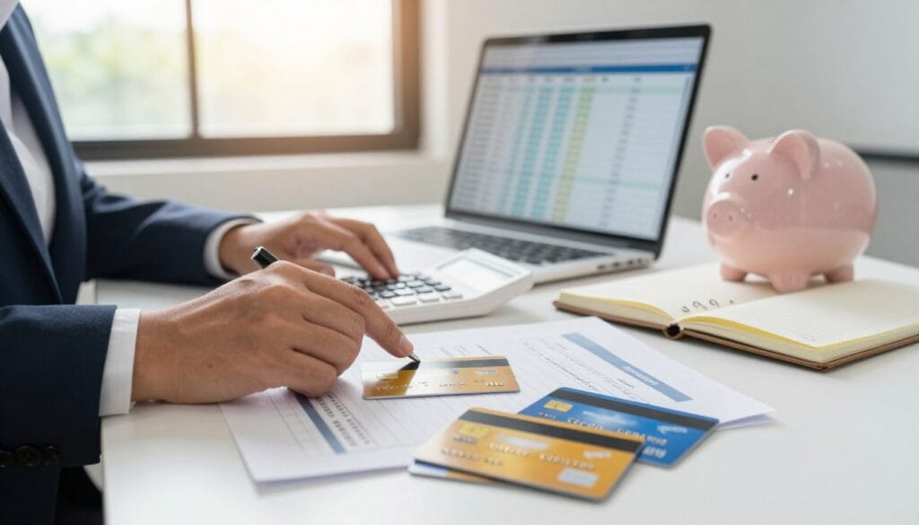 A person in professional business attire, seated at a desk, meticulously organizing a budget plan with a calculator and notepad, conveying focus and determination. In the foreground, a close-up of credit cards neatly stacked, with one card marked as "Cancelled" to symbolize avoiding debt. In the middle ground, a modern workspace with a laptop displaying a spreadsheet and a piggy bank, representing financial savings. The background features a window with natural light pouring in, casting warm tones that enhance a sense of optimism and clarity. The overall mood is empowering and focused, capturing the essence of financial responsibility and proactive planning.