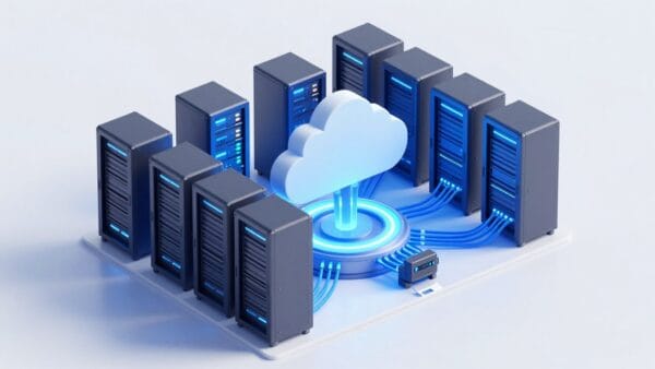 A professional 3D isometric illustration of a high-tech data center with glowing blue lights and fiber optic cables, representing a fast and secure cloud hosting environment for an online store.