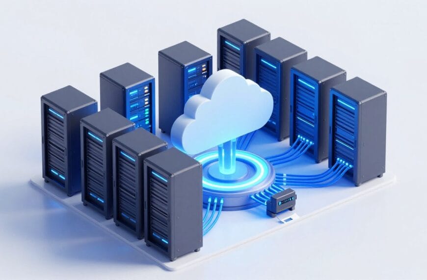 A professional 3D isometric illustration of a high-tech data center with glowing blue lights and fiber optic cables, representing a fast and secure cloud hosting environment for an online store.