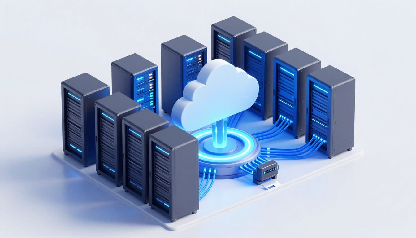 A professional 3D isometric illustration of a high-tech data center with glowing blue lights and fiber optic cables, representing a fast and secure cloud hosting environment for an online store.