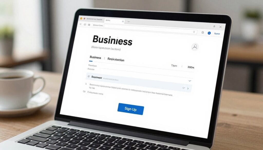 A professional and bright close-up shot of a modern laptop screen showing a business registration form with a "Sign Up" button, blurred office background with a coffee cup, photorealistic style, 4k. A professional and bright close-up shot of a modern laptop screen showing a business registration form with a "Sign Up" button, blurred office background with a coffee cup, photorealistic style, 4k.