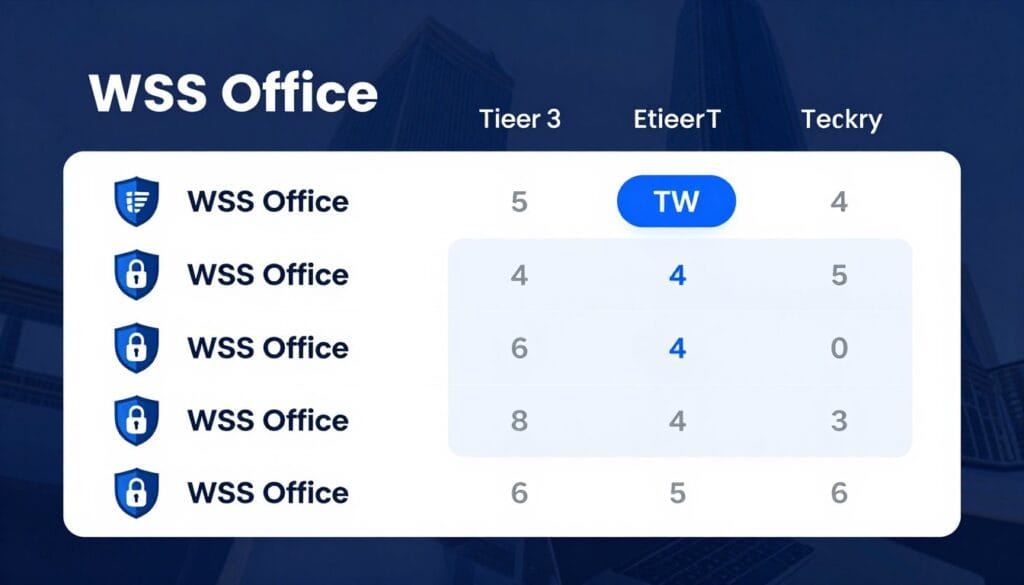A professional and clean comparison chart displaying the pricing tiers of WPS Office, focusing on security icons like shields and locks for encryption, set against a modern corporate background in blue and white tones. A professional and clean comparison chart displaying the pricing tiers of WPS Office, focusing on security icons like shields and locks for encryption, set against a modern corporate background in blue and white tones.