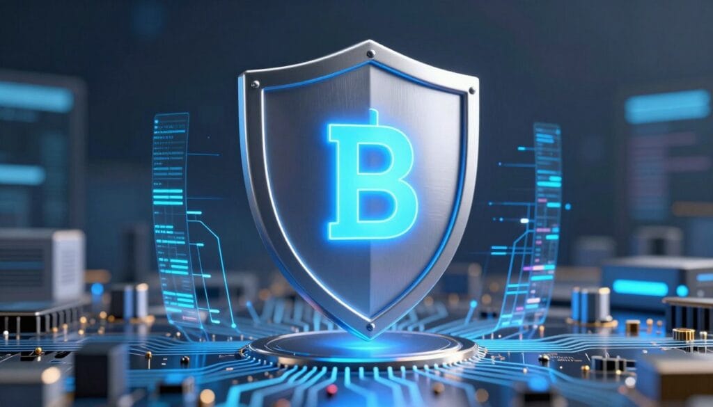 A professional and sleek cinematic shot of a digital silver shield with a glowing blue "B" logo, floating over a complex circuit board with holographic data streams, representing high-tech security and premium protection, 8k resolution, photorealistic. A professional and sleek cinematic shot of a digital silver shield with a glowing blue "B" logo, floating over a complex circuit board with holographic data streams, representing high-tech security and premium protection, 8k resolution, photorealistic.
