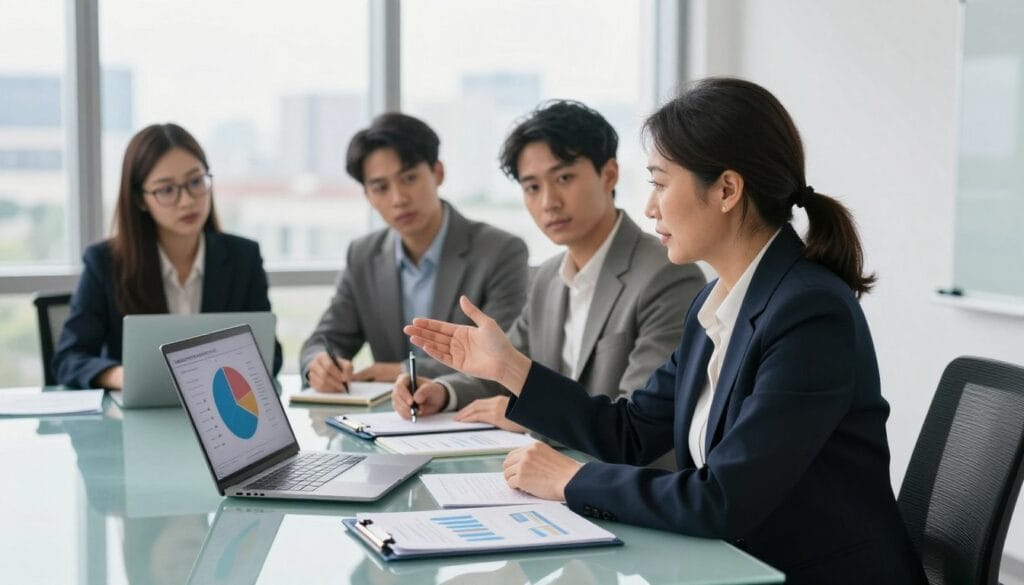 A professional business meeting scene in a modern office setting, focusing on a diverse group of three individuals seated around a sleek glass table. In the foreground, a middle-aged woman in a smart blazer gestures efficiently, pointing to a pie chart on a laptop screen that displays optimistic loan approval statistics. The middle ground shows a younger man taking notes diligently, while a woman with glasses observes thoughtfully, surrounded by financial documents and charts. The background features a large window with a cityscape view, allowing natural light to illuminate the room, creating a bright and optimistic atmosphere. Soft shadows add depth to the image, emphasizing professionalism and collaboration in financial strategy discussions.